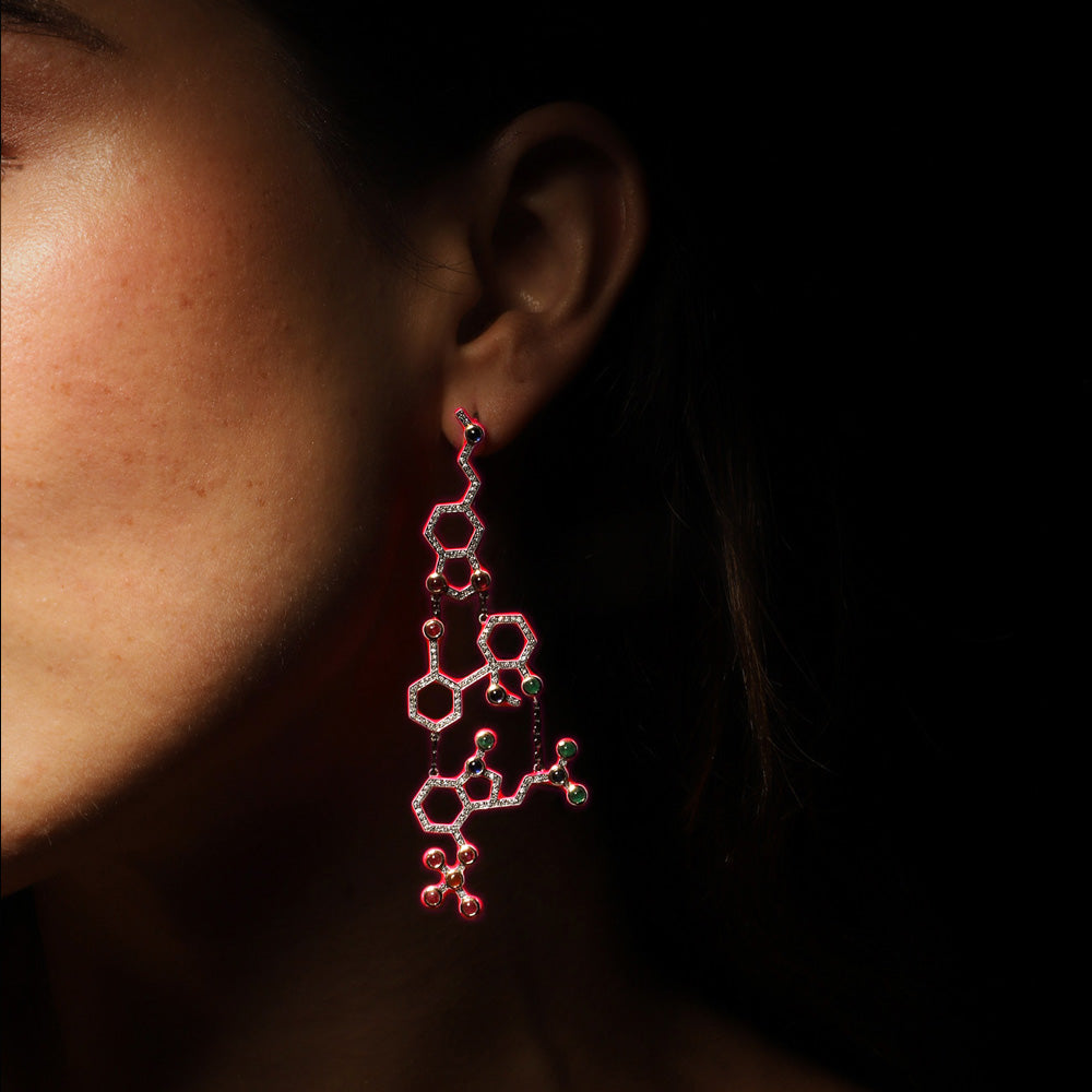 Euphorian earrings by designer Solange Azagury-Partridge - Blackened 18 carat White Gold Emerald, Sapphire, Ruby, Cornelian, Diamonds and neon pink enamel - on model 2