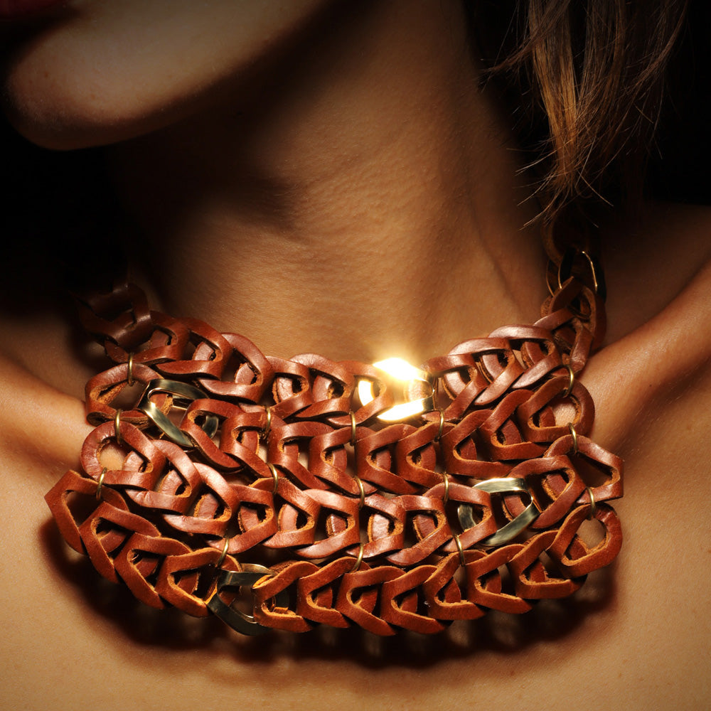 Gladiator necklace by designer Solange Azagury-Partridge - Leather and 18 carat gold - detail model shot