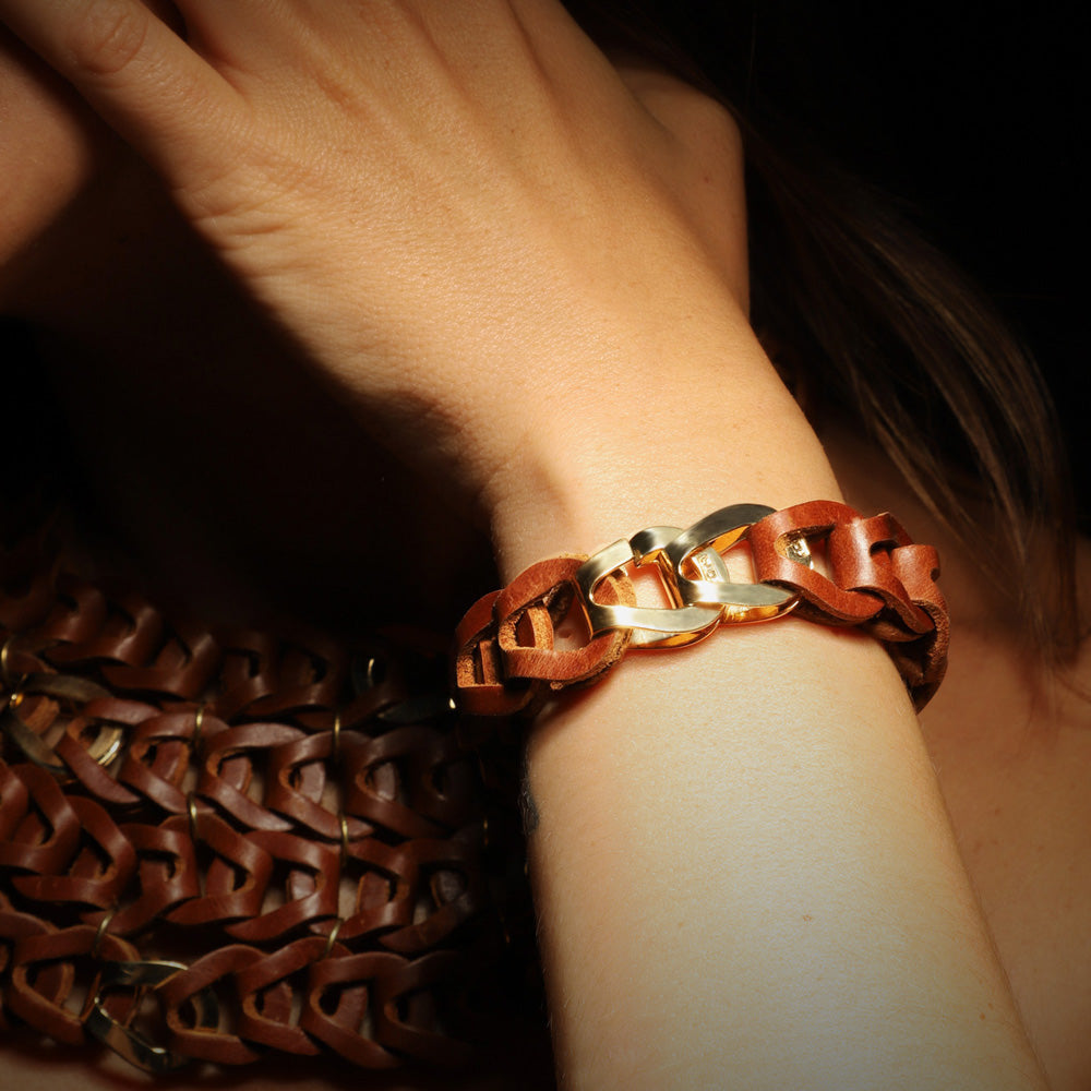 Gladiator bracelet by designer Solange Azagury-Partridge - Leather and 18 carat gold - on model