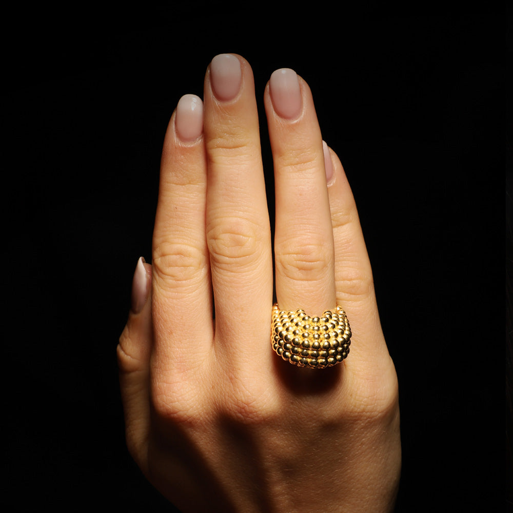 Goldenway ring by designer Solange Azagury-Partridge - 18 carat Yellow Gold - on model hand