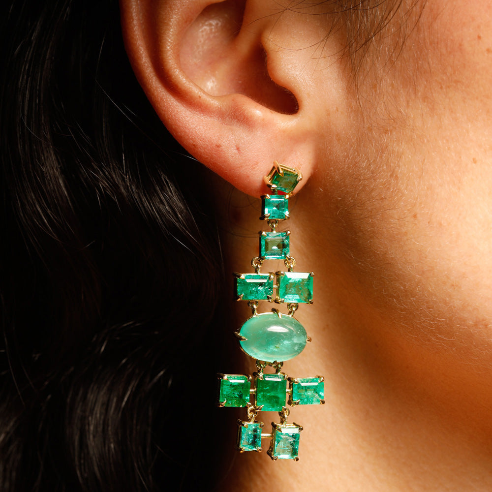 The Misfits Earrings by designer Solange Azagury-Partridge - YG and Emeralds - styling on model