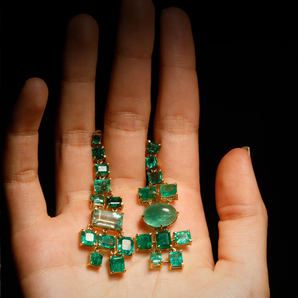 The Misfits Earrings by designer Solange Azagury-Partridge - YG and Emeralds - styling on model 2