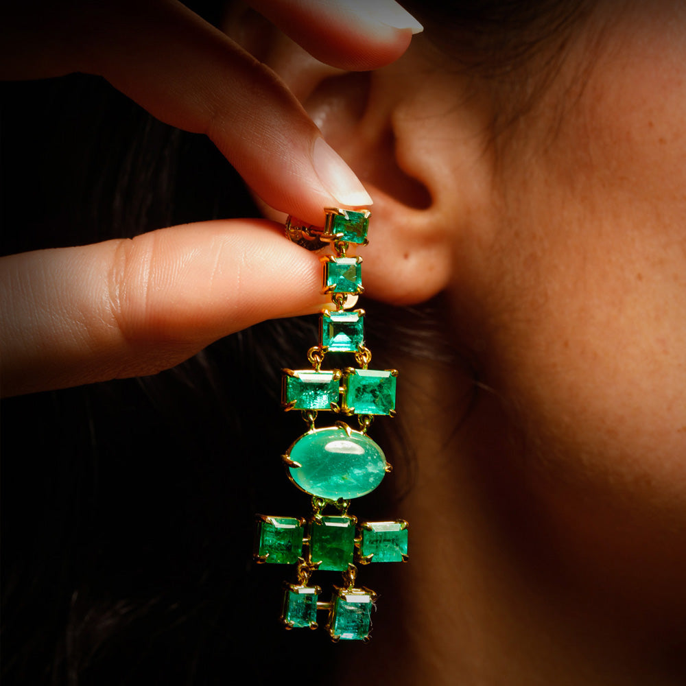 The Misfits Earrings by designer Solange Azagury-Partridge - YG and Emeralds - styling on model 3