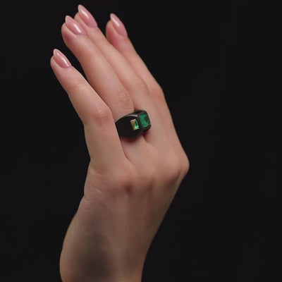 Chromeo Emerald Ring Set in Blackened 18 karat white gold by Solange Azagury-Partridge Video On Hand