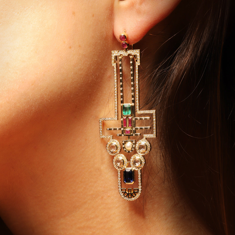 The Westminster Earrings by designer Solange Azagury-Partridge - 18 carat Yellow Gold, Ruby, Emerald, Sapphire, Pearl Diamond - on model side view