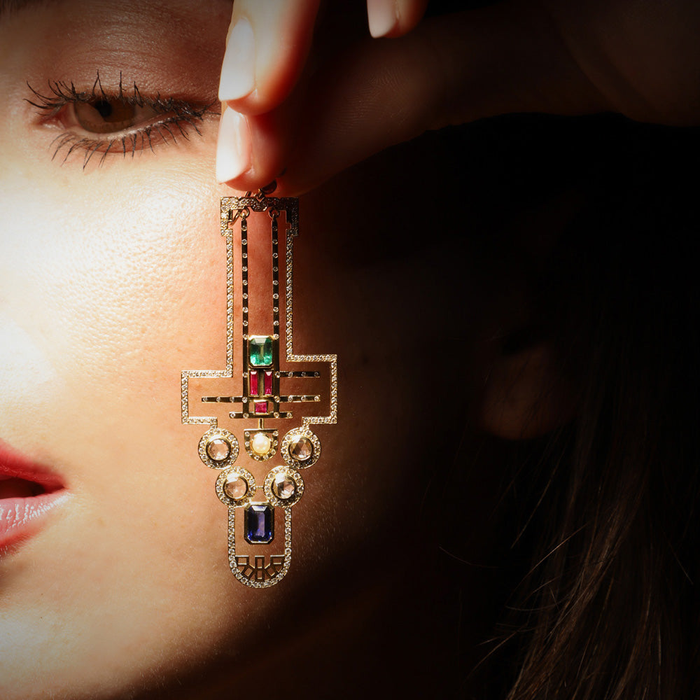 The Westminster Earrings by designer Solange Azagury-Partridge - YG, Ruby, Emerald, Sapphire, Pearl Diamond - styling on model 2