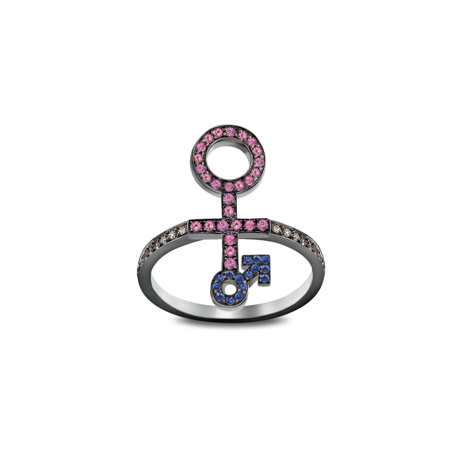 Alpha Female Ring with Female Sign on top of the Male sign in 18 Karat gold and pave set with white diamonds blue sapphires and pink sapphires by Solange Azagury-Partridge