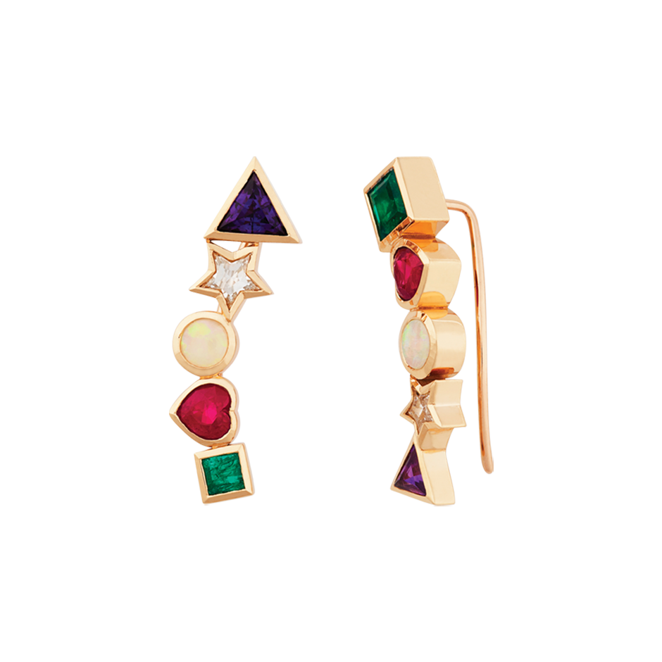 A pair of climbing acrostic earrings spelling the word A.D.O.R.E with the gemstones amethyst, diamond, opal, ruby and emerald set in 18 karat yellow gold by Solange Azagury-Partridge