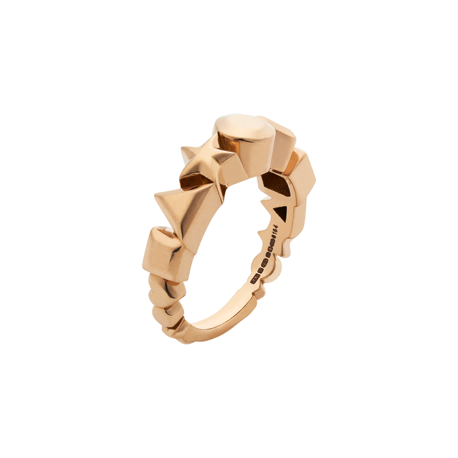 Acrostic inspired ring with square, triangle, star, circle, and heart shaped gemstones that represent the spelling ADOREring in 18 karat rose gold by Solange Azagury-Partridge