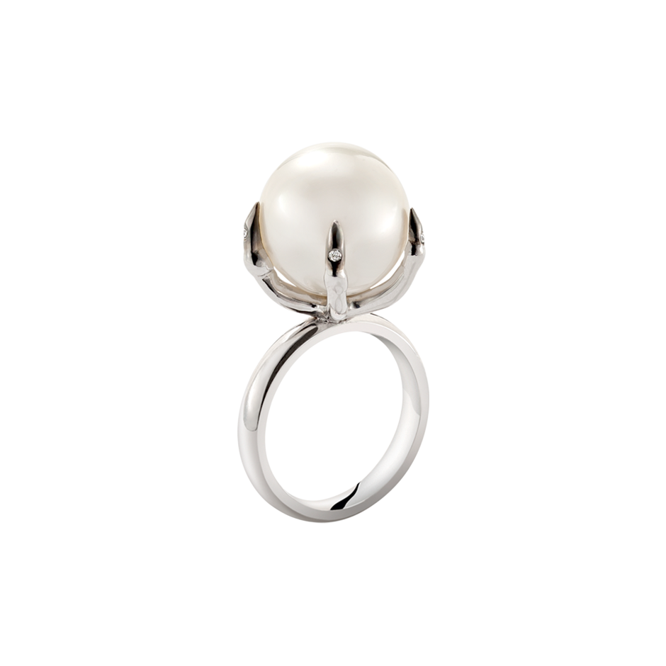 Ballcrusher Pearl Ring set in a 18 Karat White Gold Birds Hand with diamond set Claws by British Designer Solange Azagury-Partridge