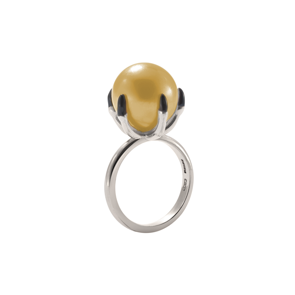 Ballcrusher Pearl Ring set in a 18 Karat Gold Birds Hand with Enameled Claws by British Designer Solange Azagury-Partridge