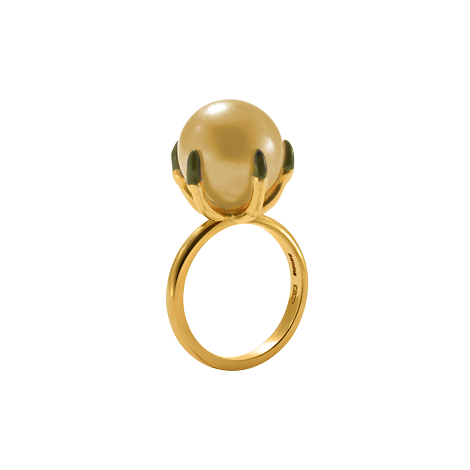 Ballcrusher Pearl Ring set in a 18 Karat Gold Birds Hand with Enameled Claws by British Designer Solange Azagury-Partridge