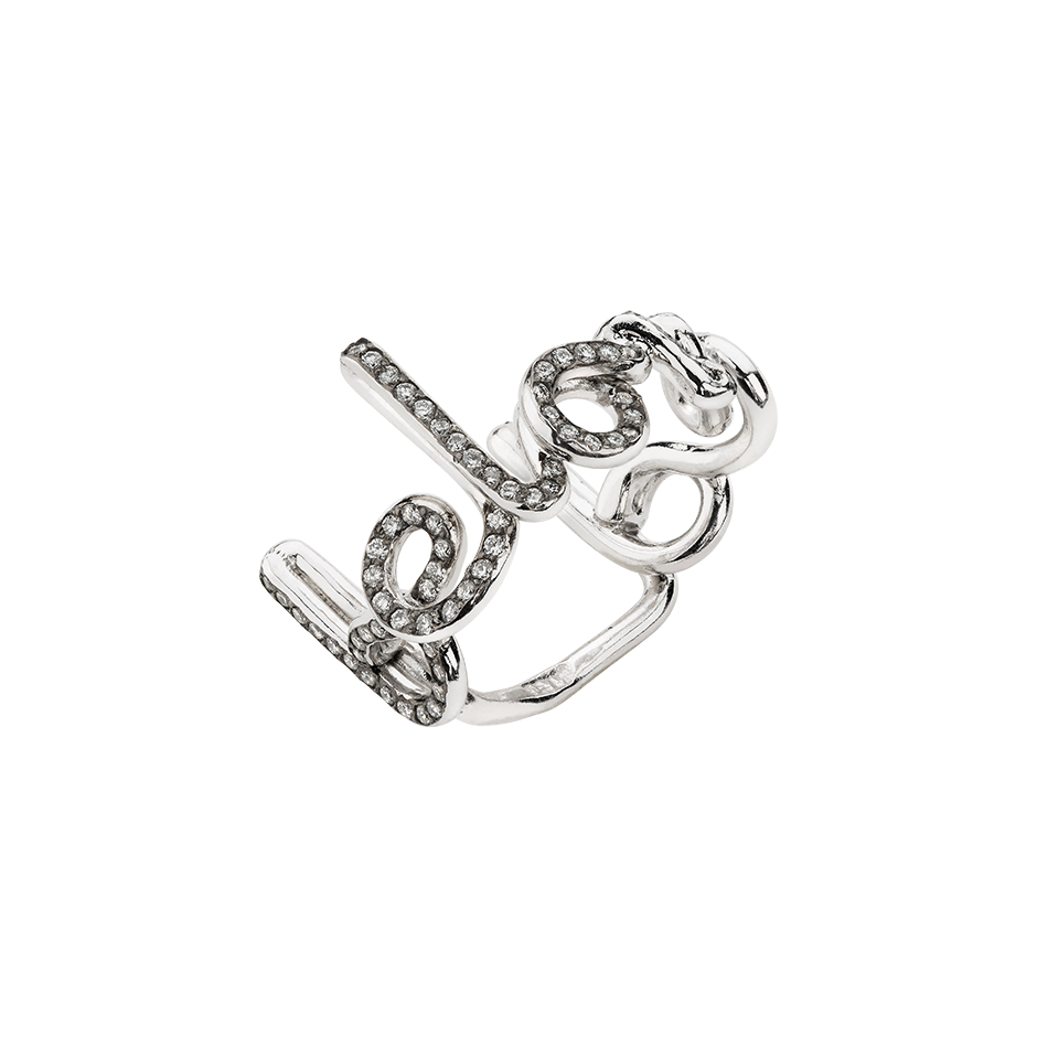 A written ring with the words “beloved” with diamonds pavé in 18 karat white gold by Solange Azagury-Partridge