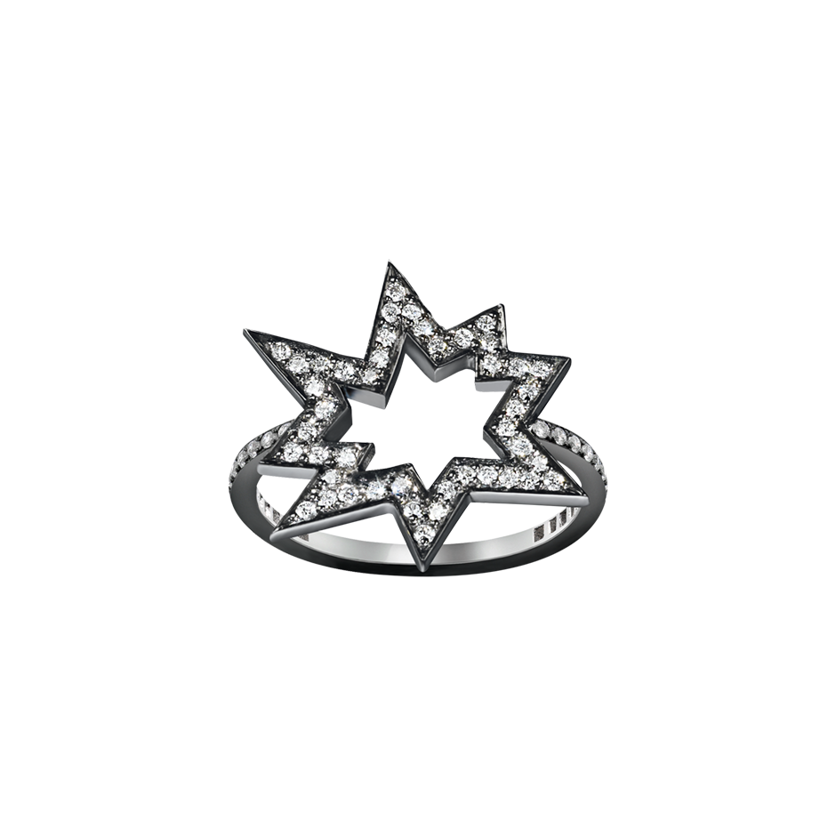 Big Bang star motif ring set with brilliant cut diamonds in blackened 18 karat white gold by Solange Azagury-Partridge