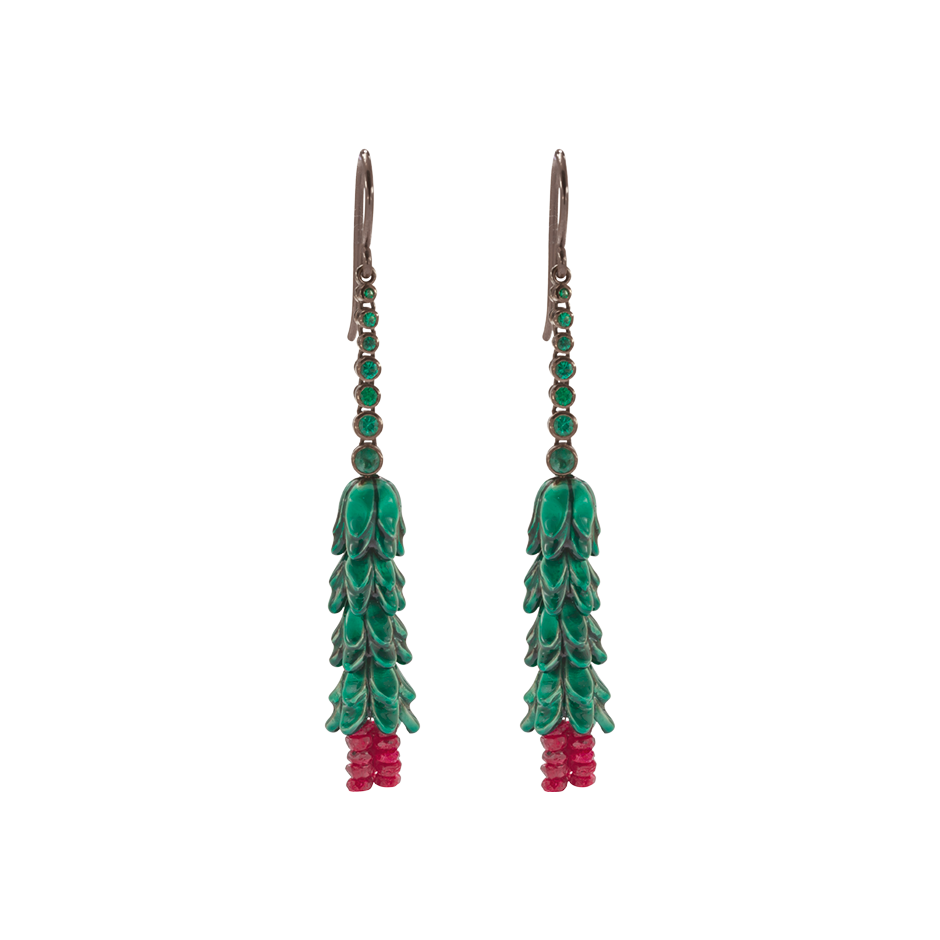 A pair of emerald, green lacquer and ruby bead floral earrings set in blackened 18 karat white gold by Solange Azagury-Partridge