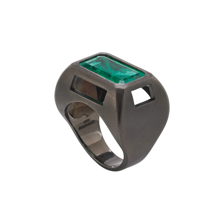 Chromeo Emerald Ring Set in Blackened 18 karat white gold by Solange Azagury-Partridge Angled View