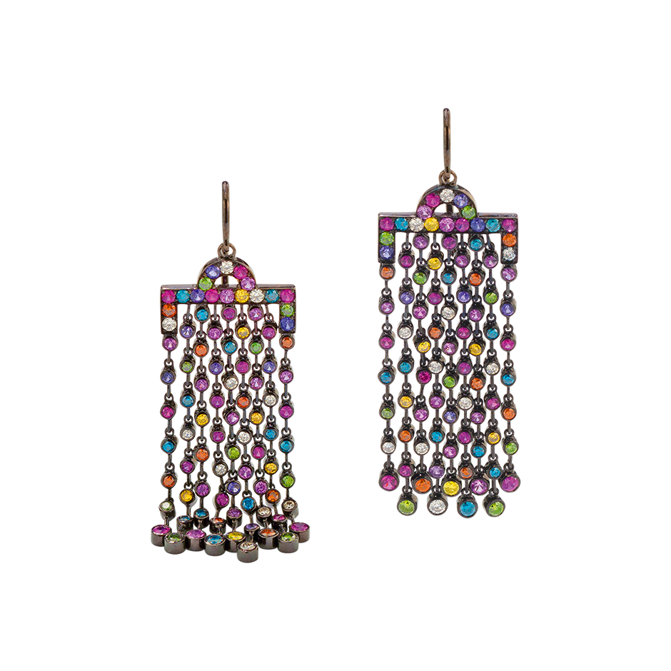 A pair of chromantic multi-coloured and diamond earrings with linked fringe set in blackened 18 karat white gold by Solange Azagury-Partridge