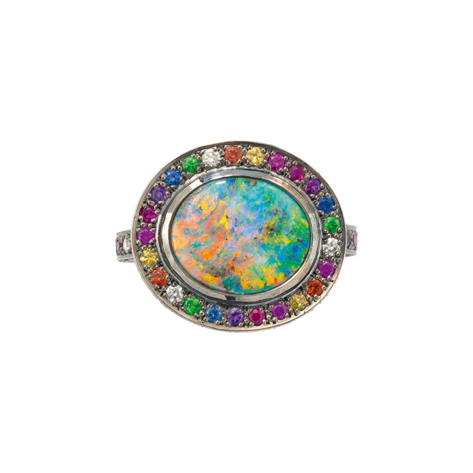 A chromatic ring with black opal and multicolour gemstones set in blackened 18 karat white gold by Solange Azagury-Partridge