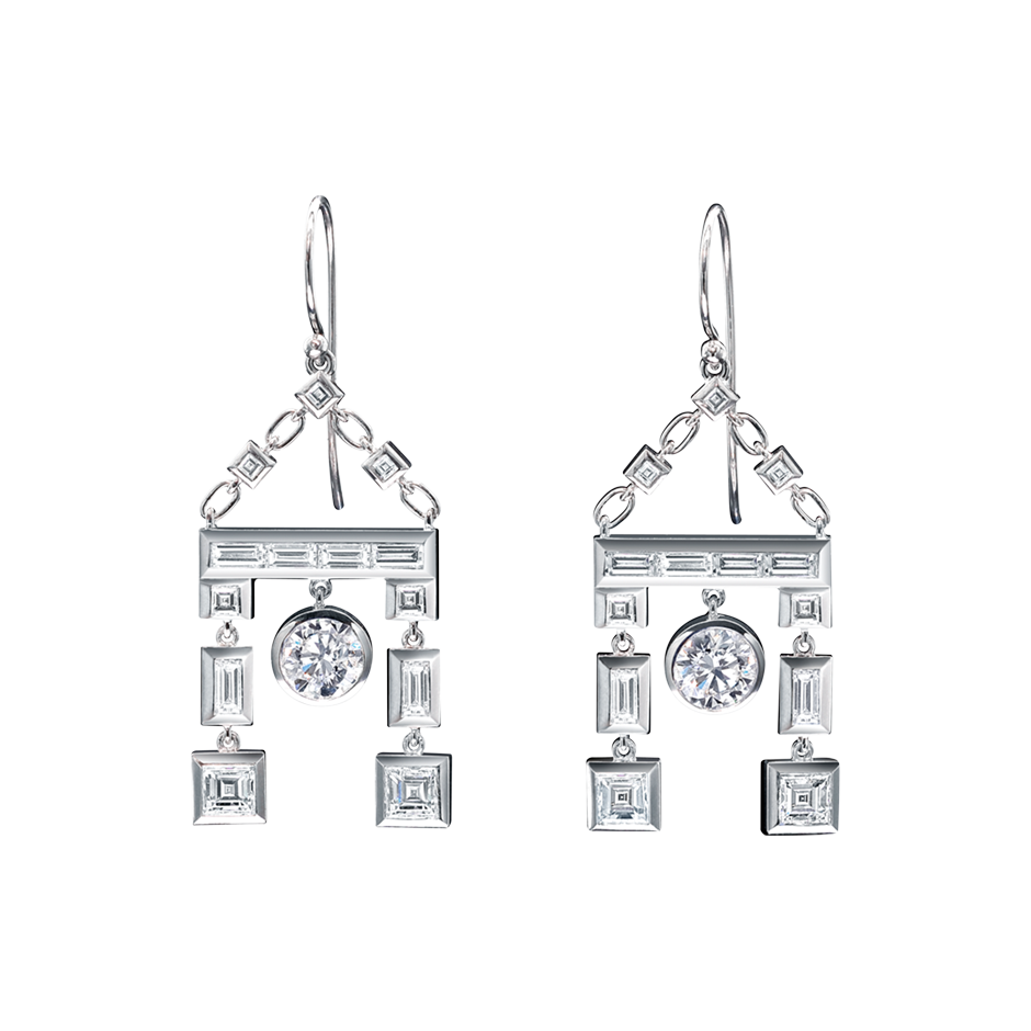 A pair of round brilliant, carré and baguette cut diamond drop earrings in 18 karat white gold by Solange Azagury-Partridge