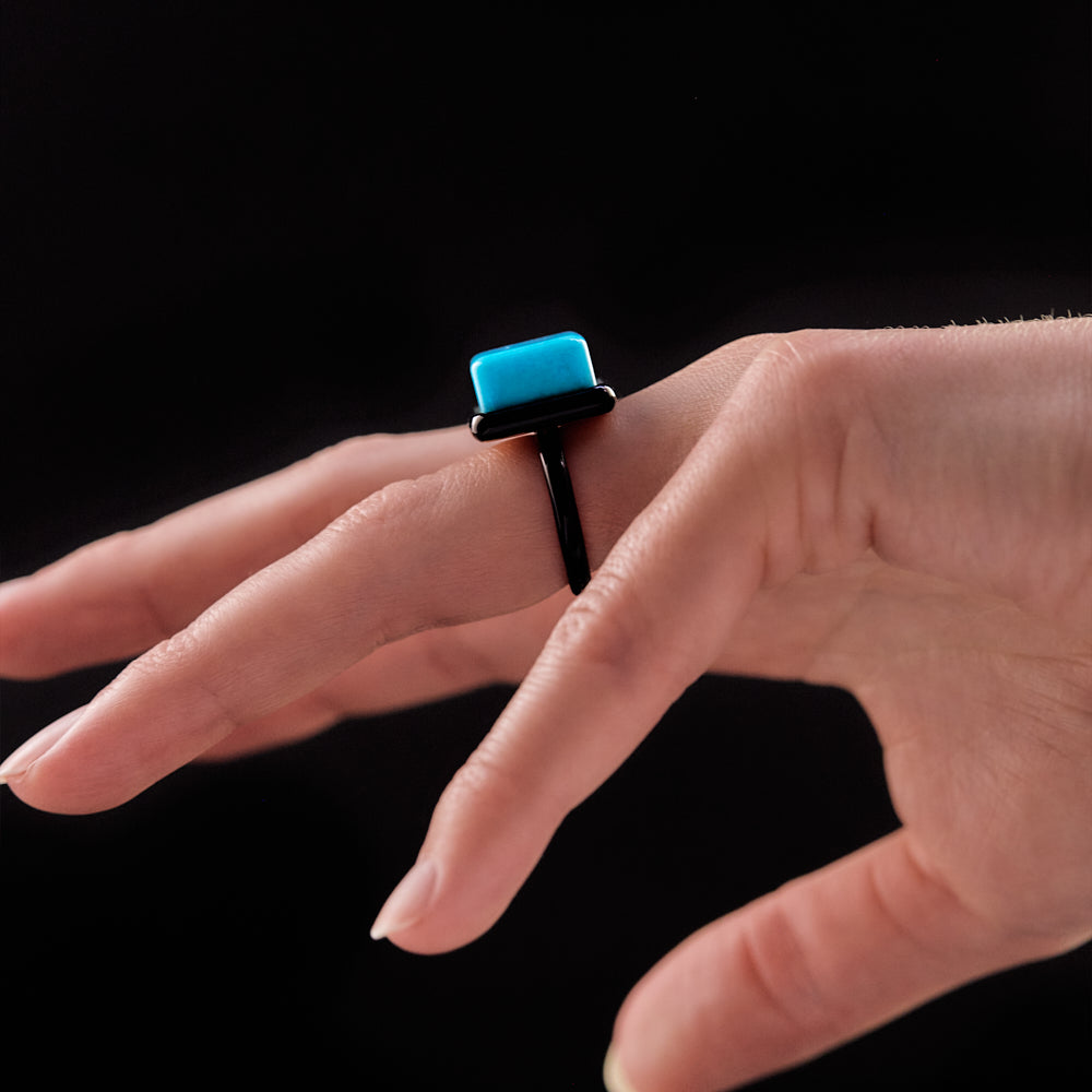 Colour Block Ring Polished Square Turquoise set in Black Lacquered 18 karat yellow gold by Solange Azagury-Partridge on hand