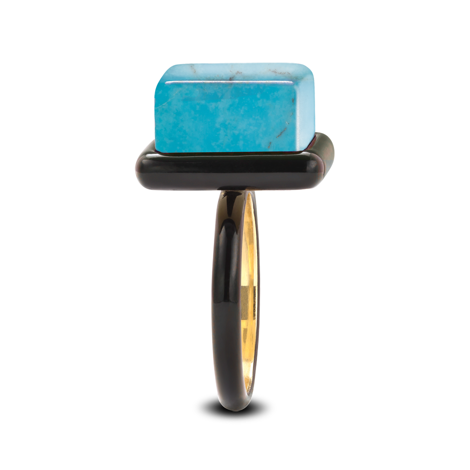 Colour Block Ring Polished Square Turquoise set in Black Lacquered 18 karat yellow gold by Solange Azagury-Partridge side view
