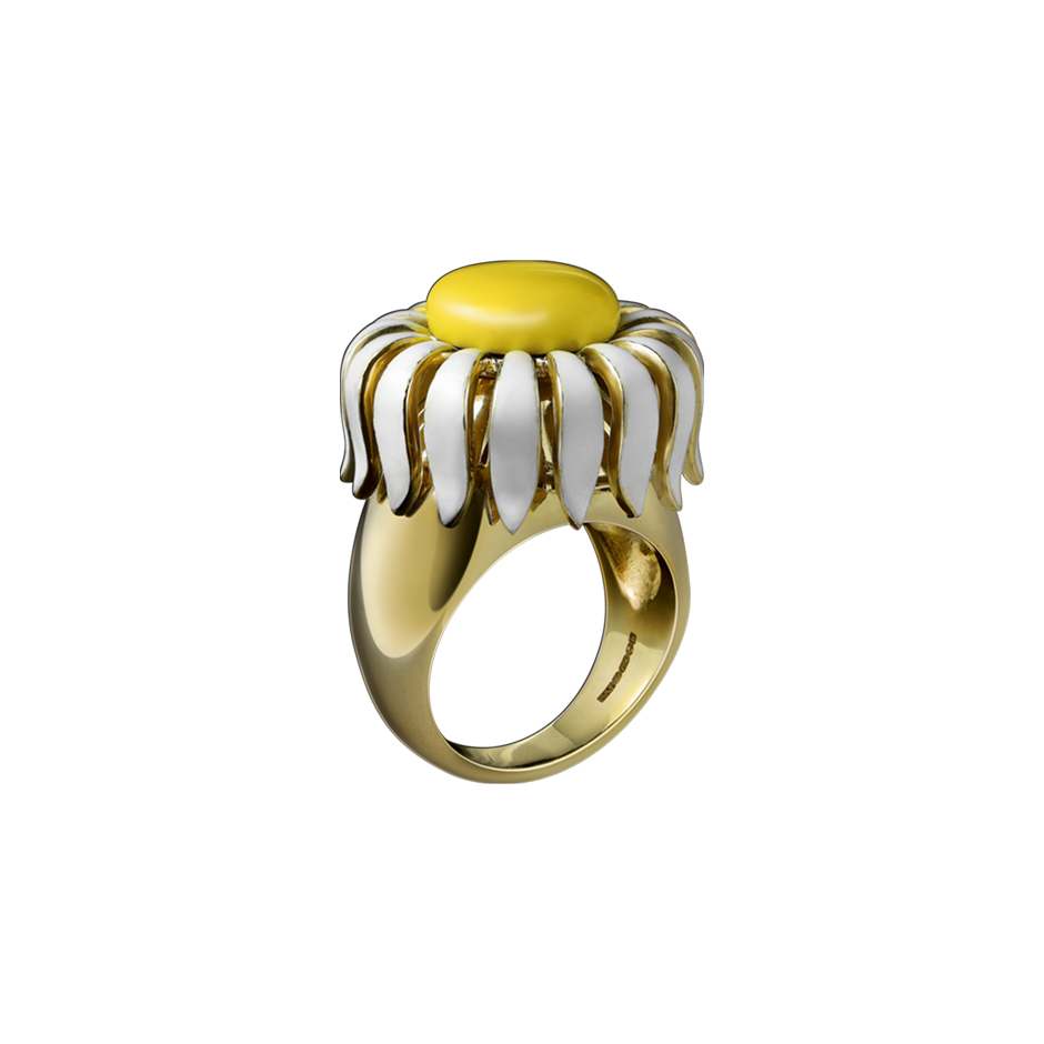 A daisy flower motif ring with yellow and white enamel in 18 karat yellow gold by Solange Azagury-Partridge