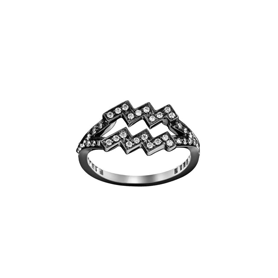 An aquarius zodiac sign motif ring set with brilliant cut diamonds in blackened 18 karat white gold by Solange Azagury-Partridge