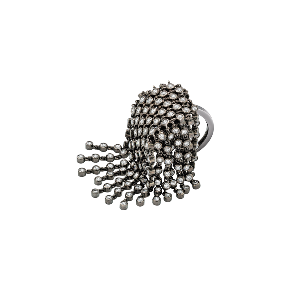 A flat topped diamond set ring with linked diamond fringe in blackened 18 karat white gold﻿ by Solange Azagury-Partridge
