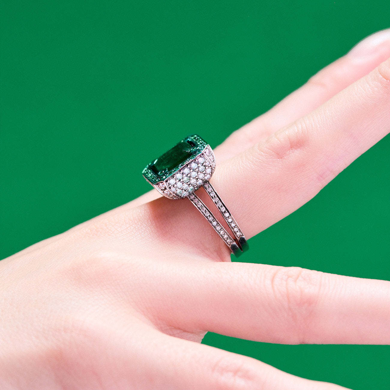 Emerald Cup Ring with with Emeralds in blackened 18 karat white goldby Solange Azagury-Partridge On Hand