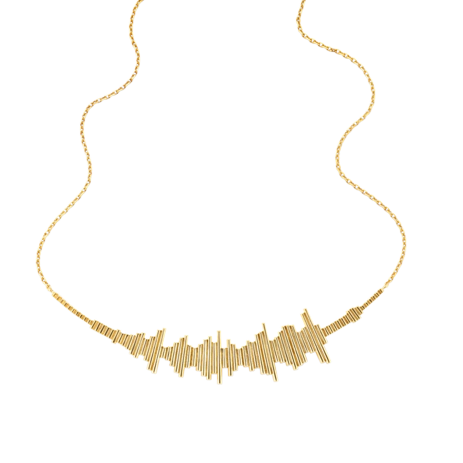 18 karat yellow gold audio soundwave necklace representing the words "Where True Love Burns Desire is Love's Pure Flame" by Samuel Taylor-Coleridge