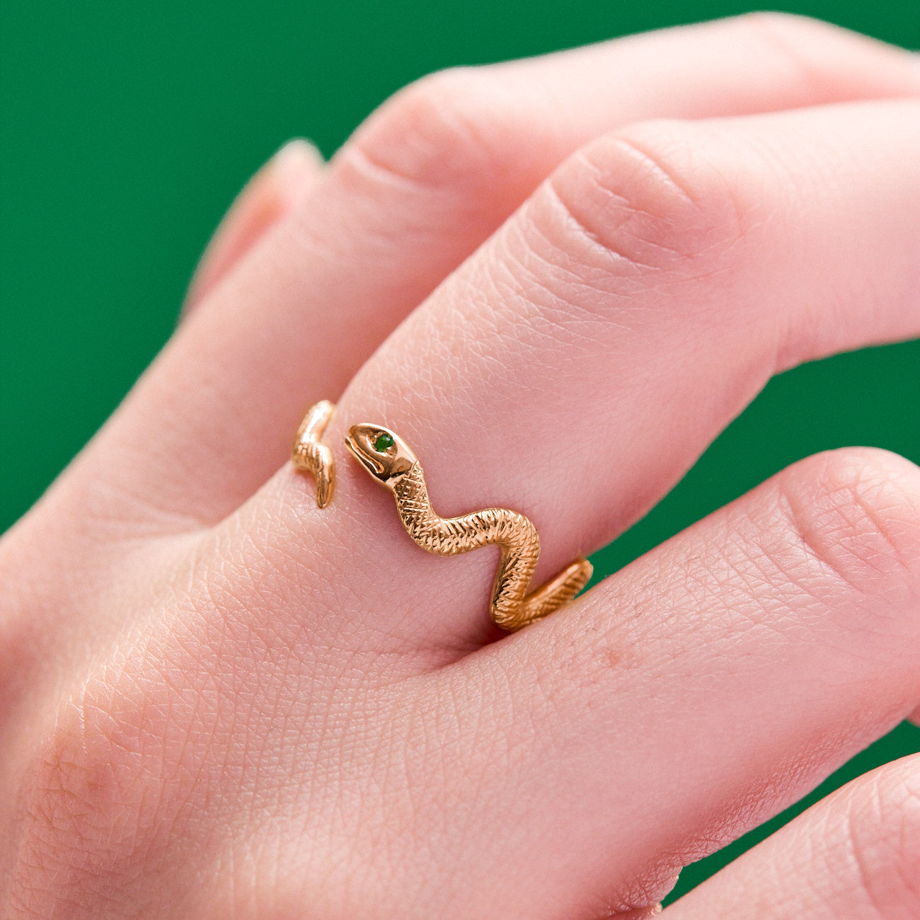 Gatekeeper Snake Serpent Ring in 18 Karat Yellow Gold with Emerald Set Eye by Solange Azagury-Partridge On hand