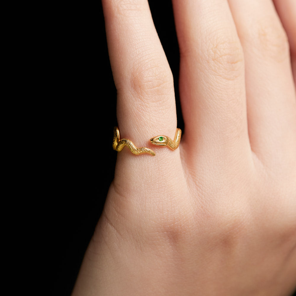 Gatekeeper Snake Serpent Ring in 18 Karat Yellow Gold with Emerald Set Eye by Solange Azagury-Partridge On hand Pinky Finger