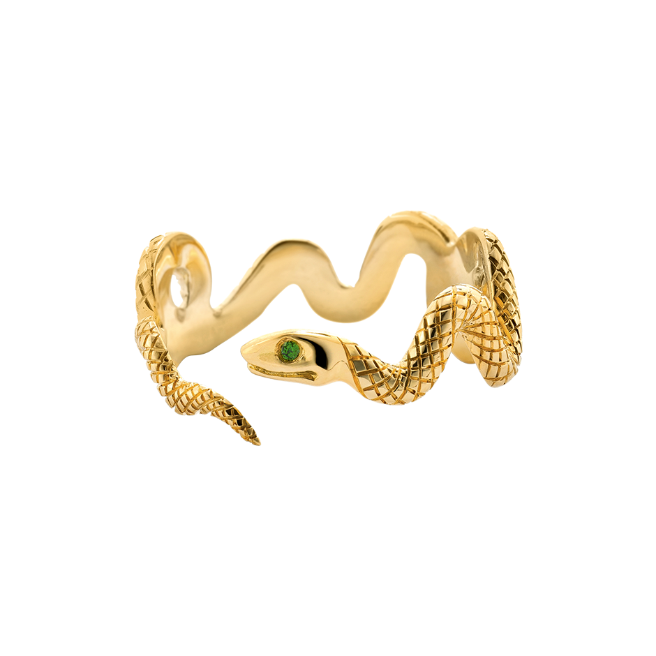 Gatekeeper Snake Serpent Ring in 18 Karat Yellow Gold with Emerald Set Eye by Solange Azagury-Partridge