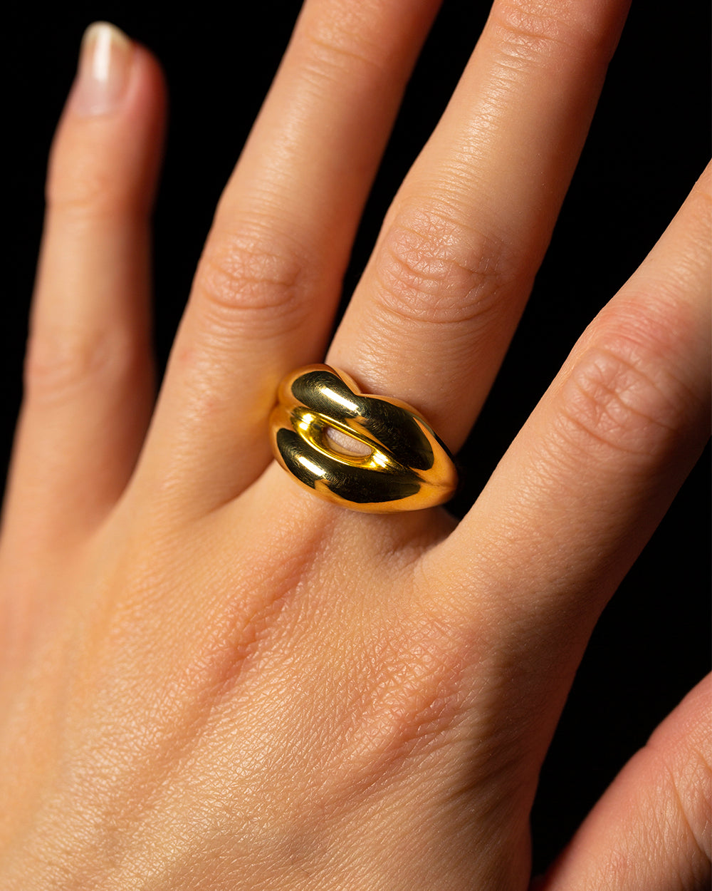 Gold Hotlips lip shaped ring on hand by Solange Azagury-PartridgeHotlips Lip Shaped 18 Karat Gold Ring by Solange Azagury-Partridge