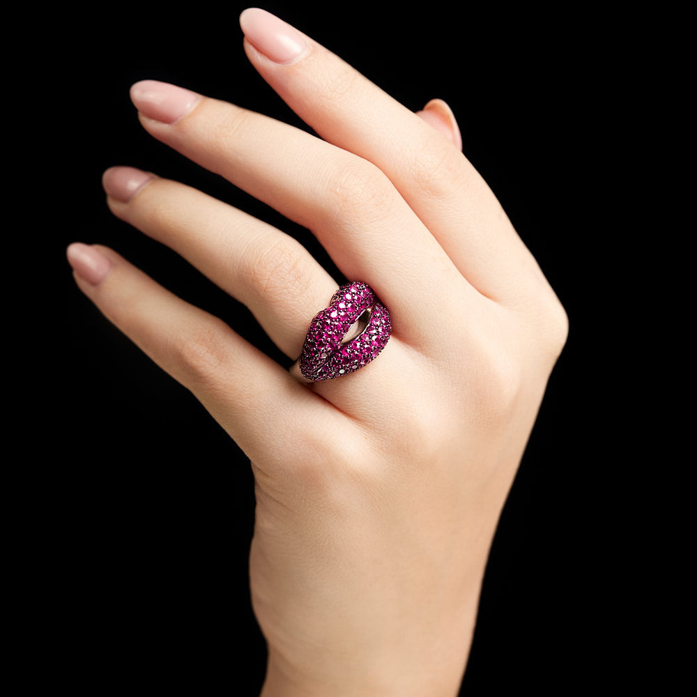 Hotlips Ruby Pave Lip Shaped Ring 18 Karat White Gold by Solange Azagury-Partridge Front View