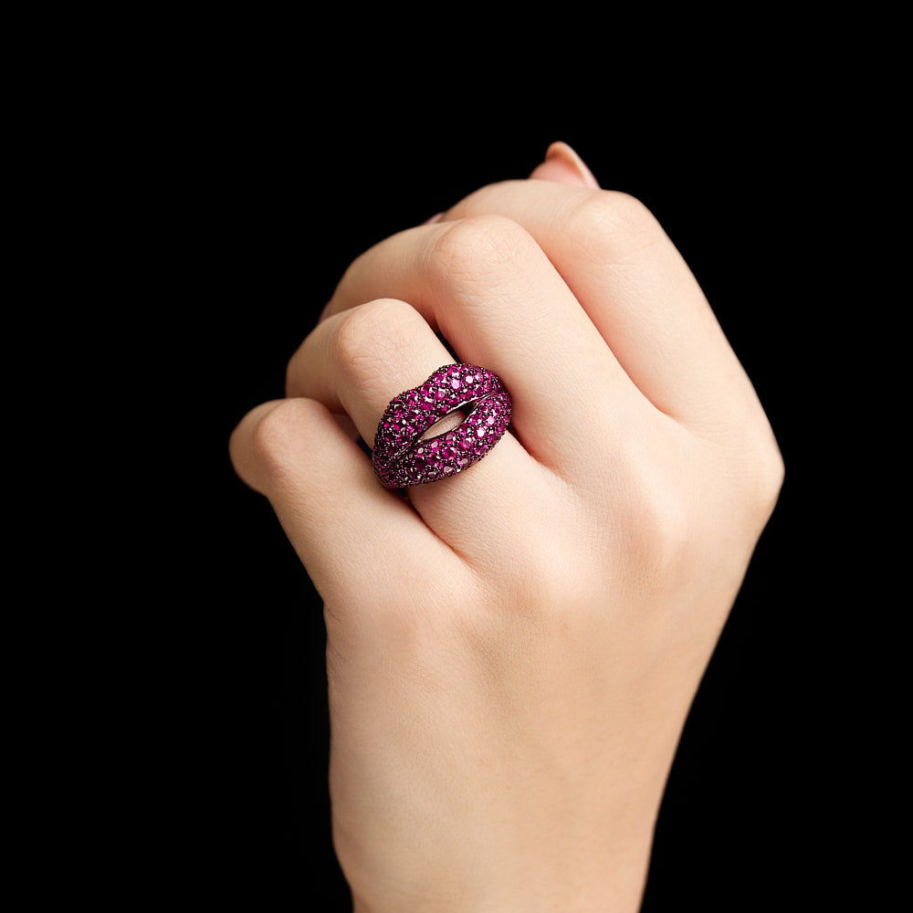 Hotlips Ruby Pave Lip Shaped Ring 18 Karat White Gold by Solange Azagury-Partridge On Model