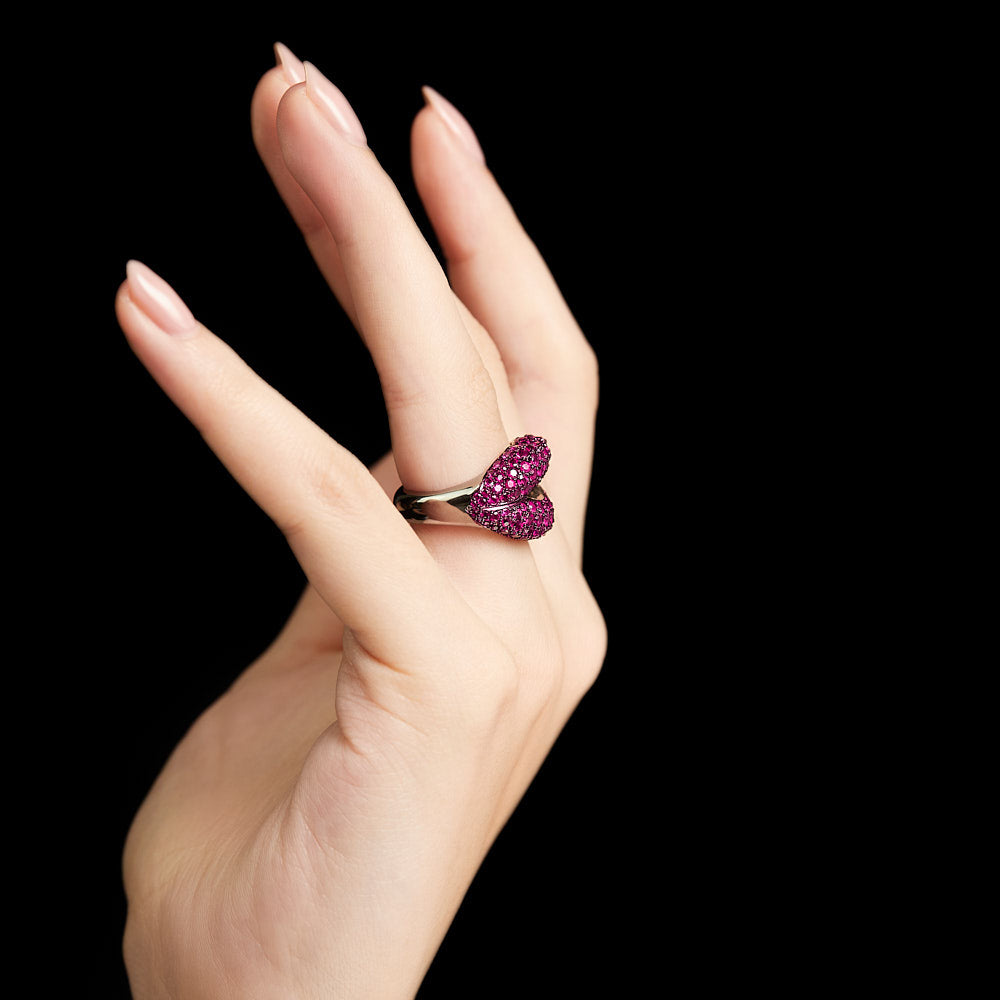 Hotlips Ruby Pave Lip Shaped Ring 18 Karat White Gold by Solange Azagury-Partridge On Hand Side View