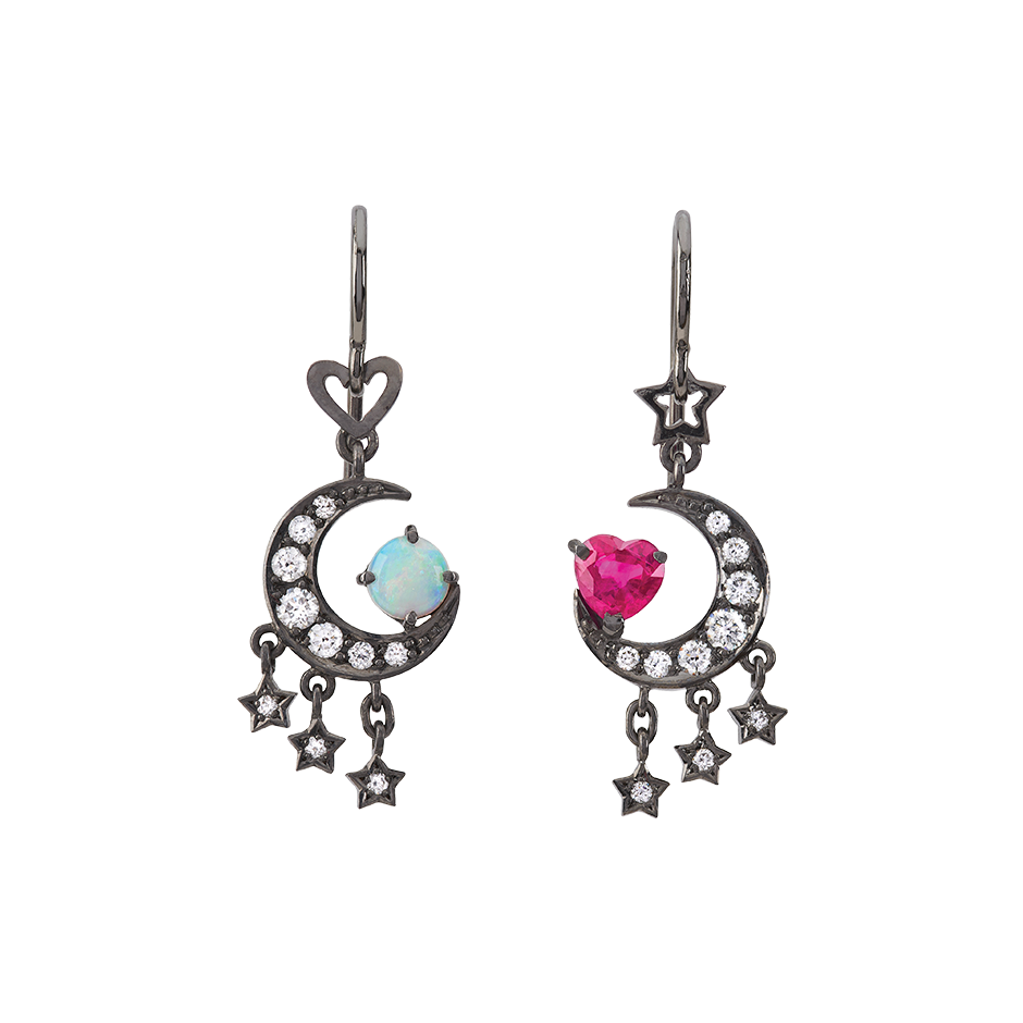 A pair of moon and star motif earrings set with diamonds, a ruby heart and an opal world with fish hooks in blackened 18 karat white gold by Solange Azagury-Partridge