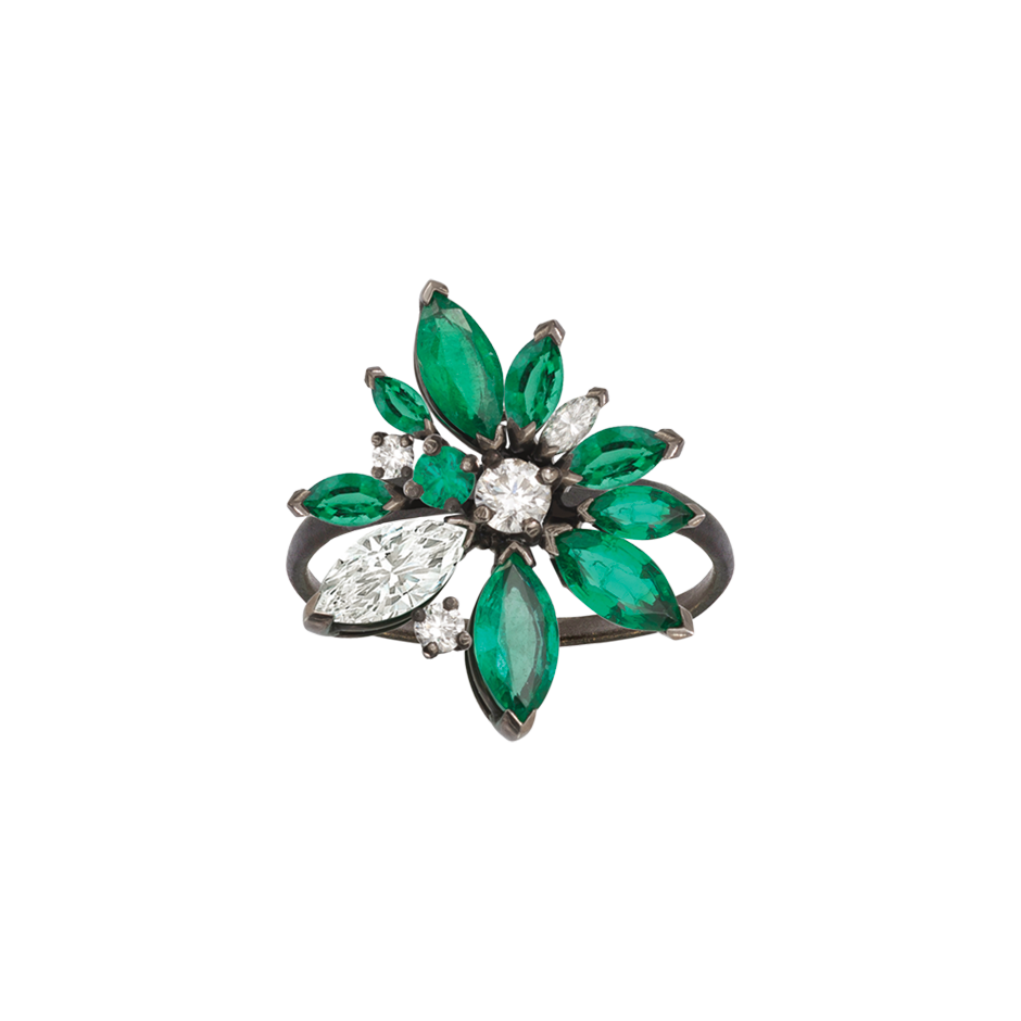 A lotus flower ring with marquise and round brilliant cut emeralds and diamonds in blackened 18 karat white gold by Solange Azagury-Partridge