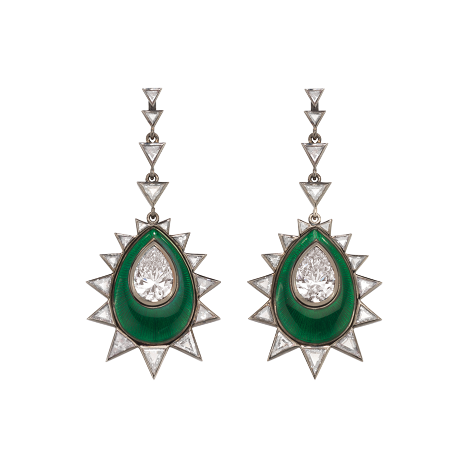 A pair of earrings composed of pear shaped diamonds with green guilloché enamel and triangle cut diamonds surrounded in blackened 18 karat white gold by Solange Azagury-Partridge