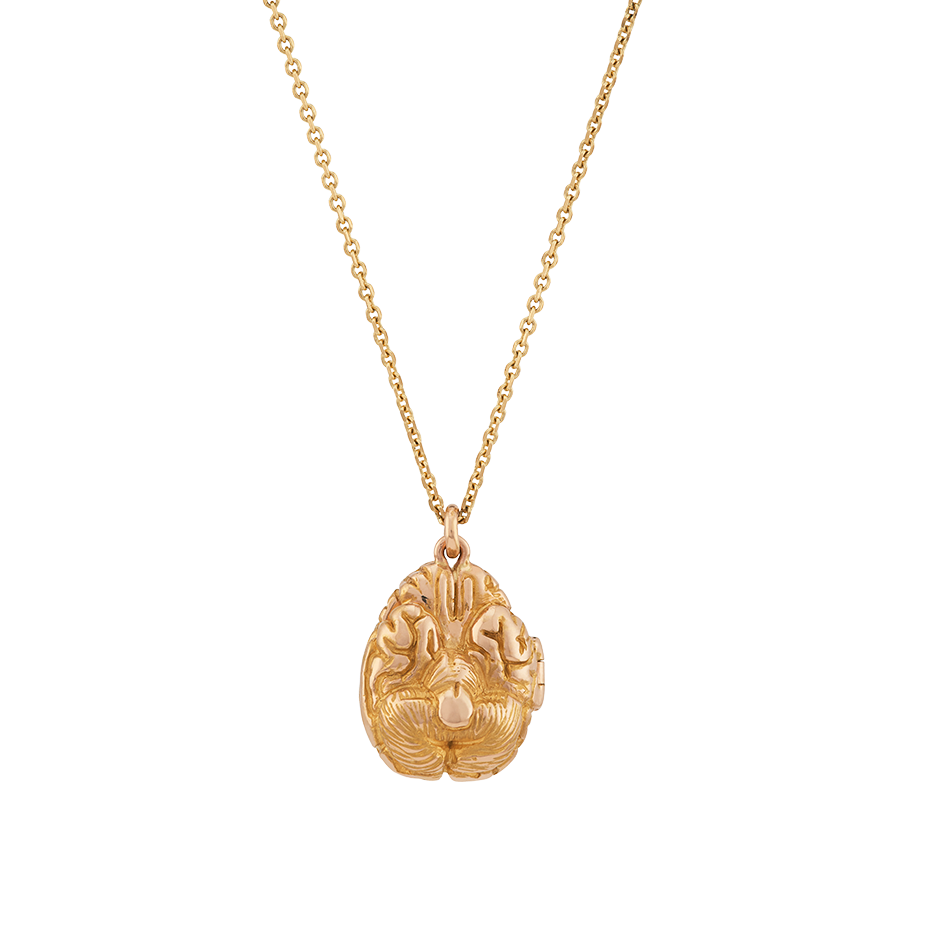 A brain shaped locket with a sapphire glass hidden storage compartment on a 28 inch chain set in 18 karat yellow gold by Solange Azagury-Partridge