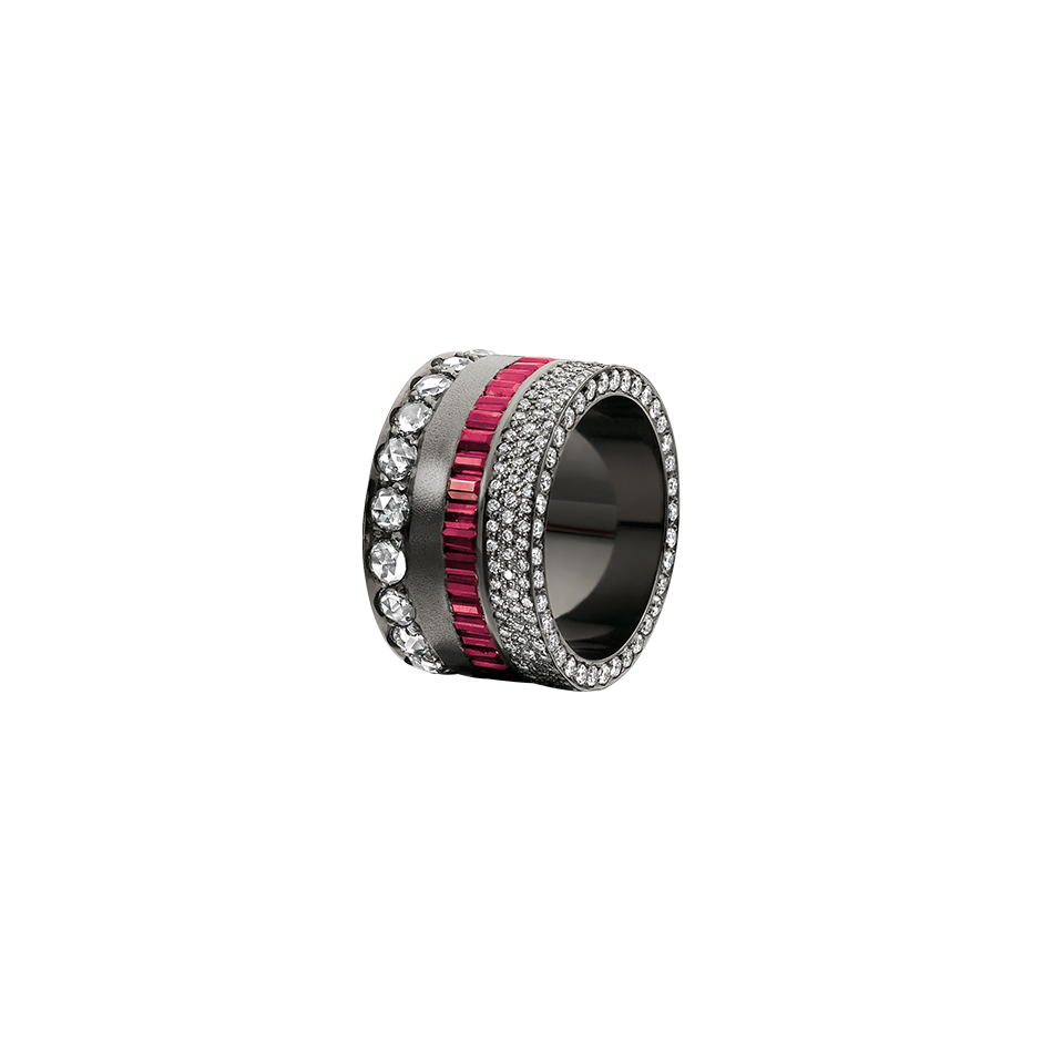 A band set with brilliant cut diamonds pavé, baguette cut rubies and cut diamonds in blackened 18 karat white gold by Solange Azagury-Partridge