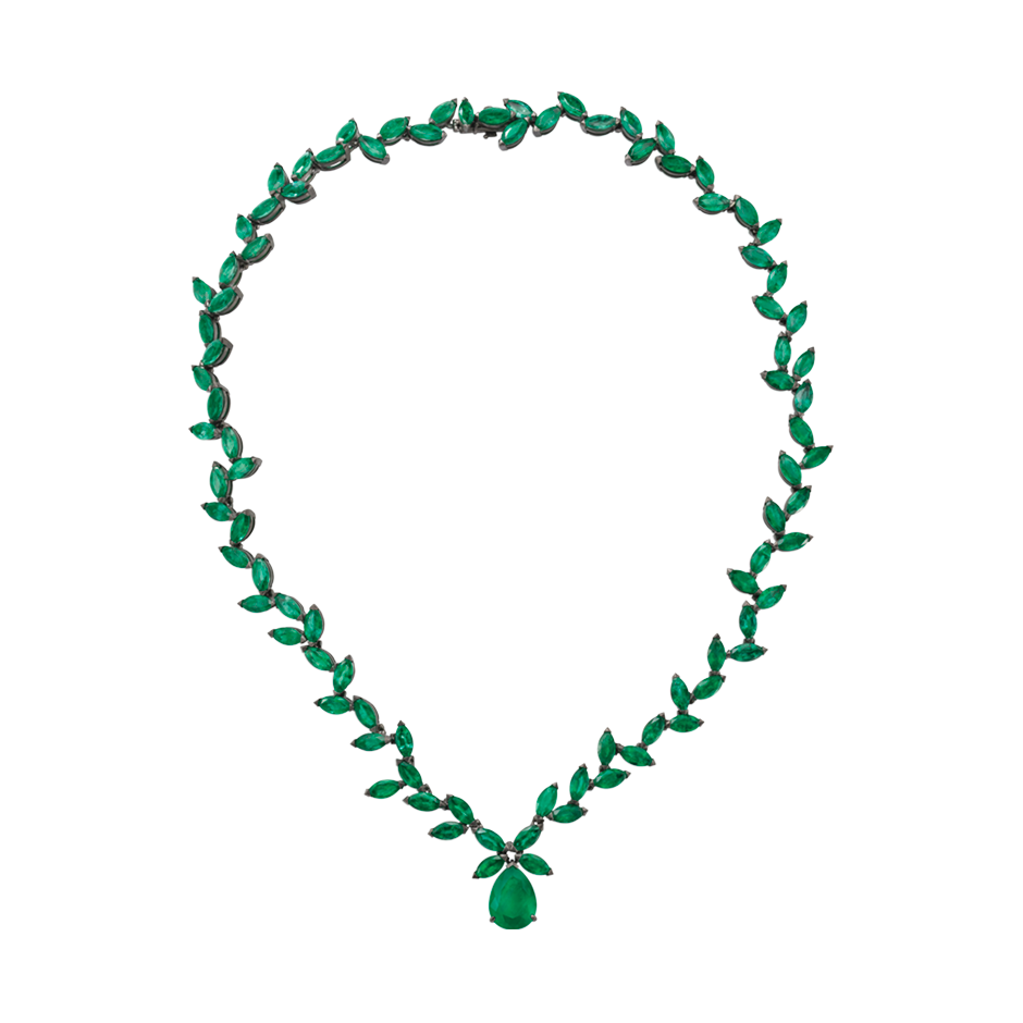 An old fashioned marquise emerald necklace with a pear shaped emerald drop in blackened 18 karat white gold by Solange Azagury-Partridge