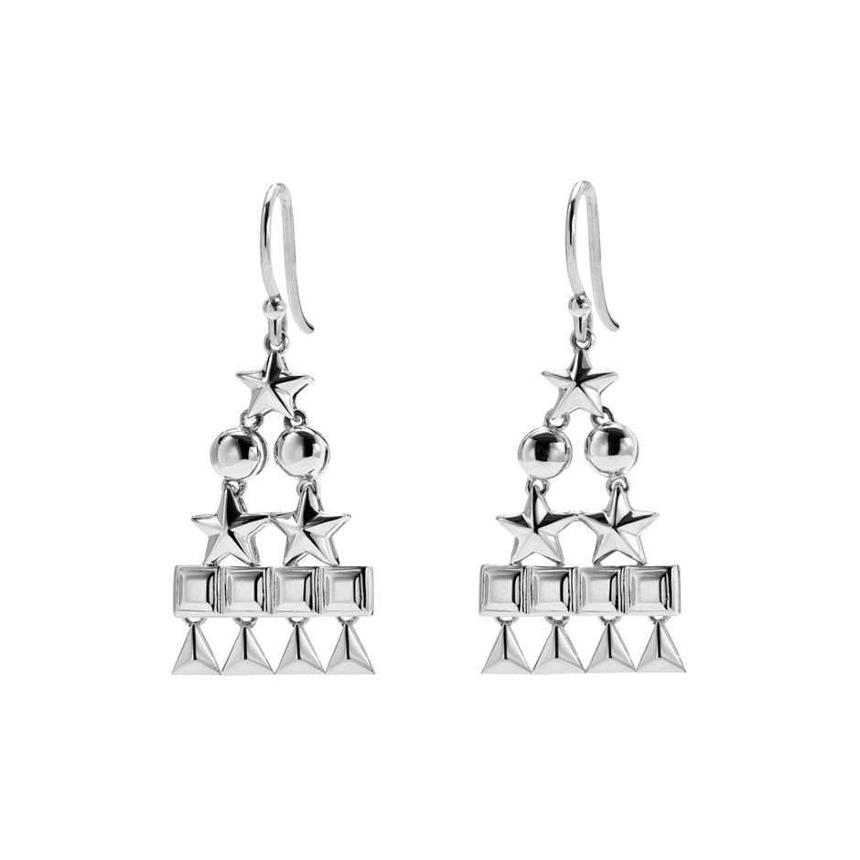 A pair of circle, star, square and triangle pyramid motif drop earrings in 18 karat white gold by Solange Azagury-Partridge