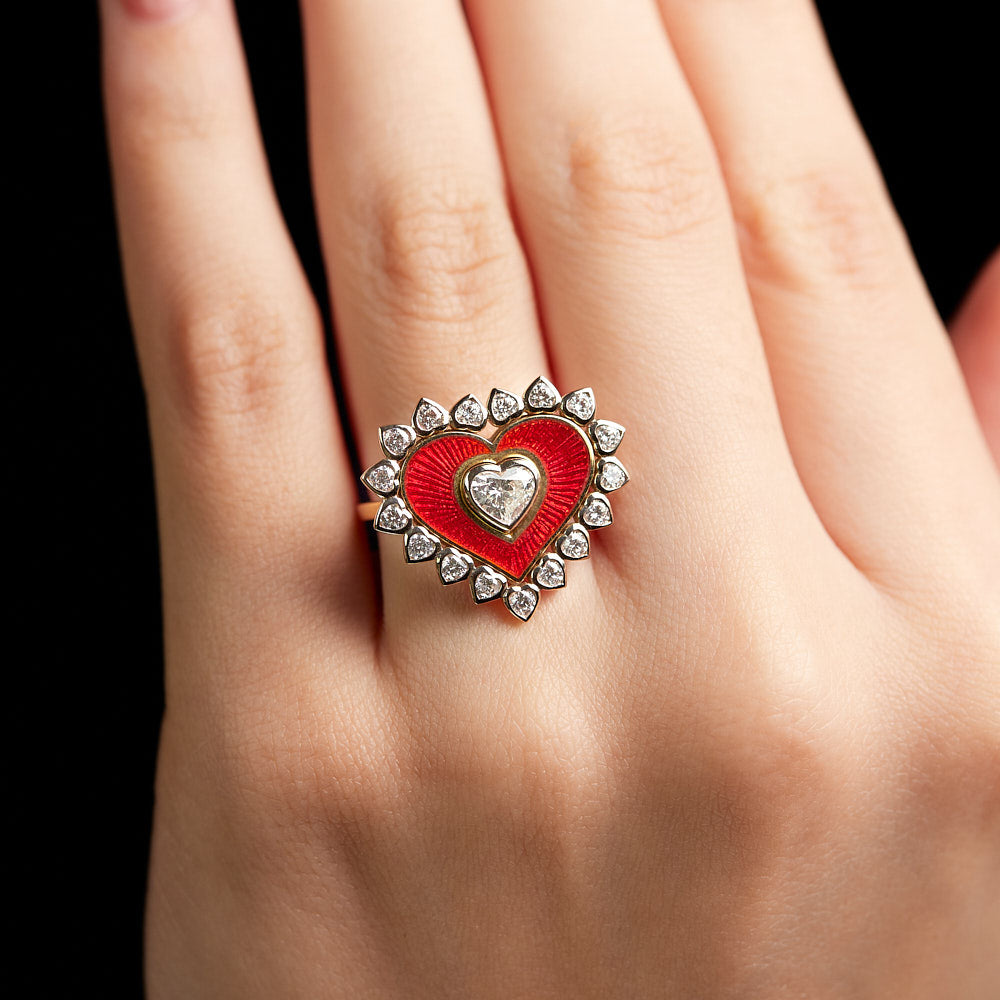 Queen of Hearts Ring on hand close up
