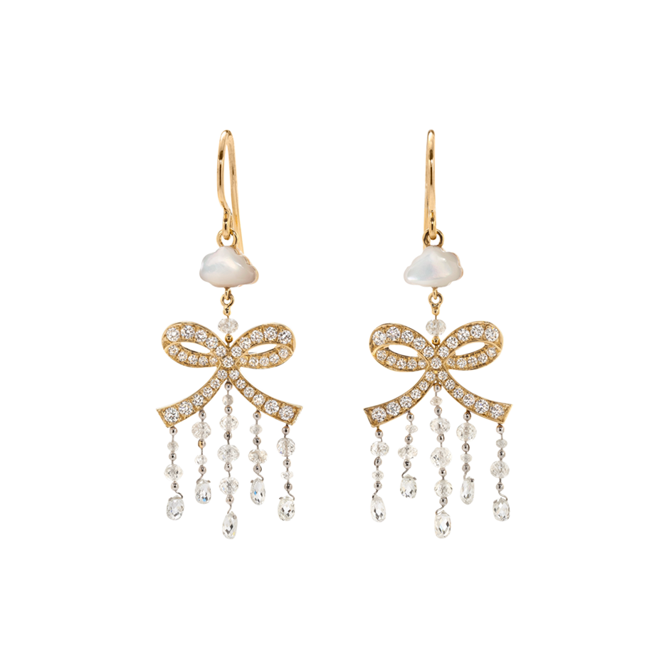 A pair of bow earrings with fish hooks composed of briolette diamond, diamond pavé and a mother of pearl shaped cloud earrings set in 18 karat yellow gold by Solange Azagury-Partridge