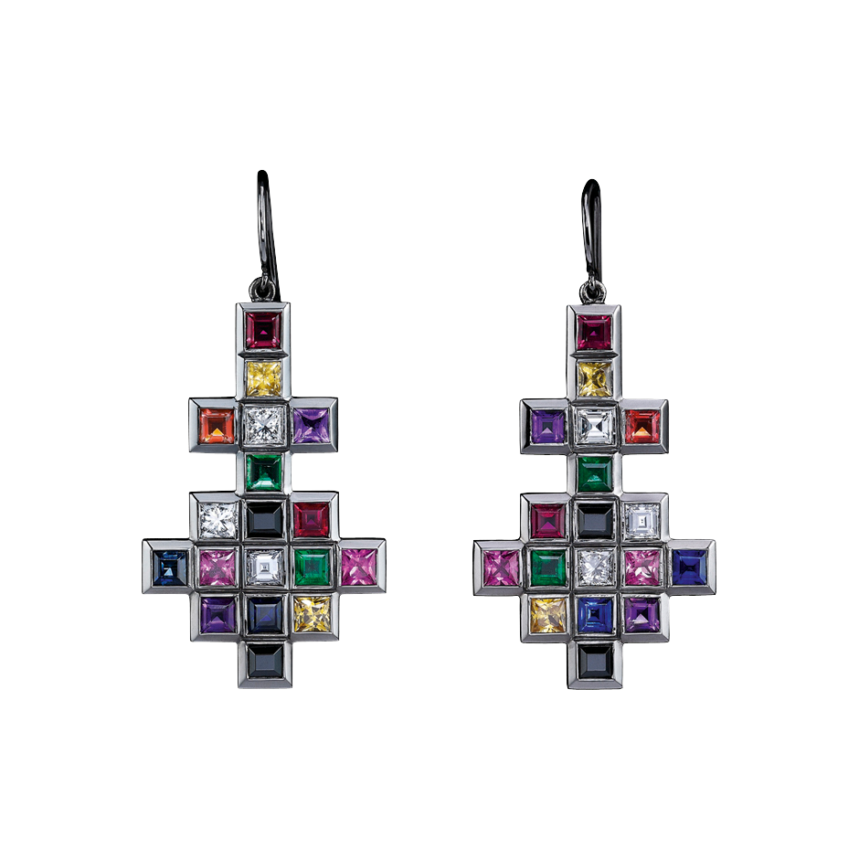 A pair of earrings with fish hooks with random layout of square and princess cut diamonds, coloured sapphires, rubies and emeralds in blackened 18 karat white gold by Solange Azagury-Partridge