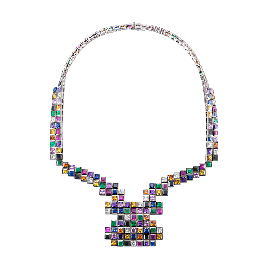 A necklace set in a random layout of square and princess cut diamonds, emeralds, amethysts, rubies, black spinel and yellow, blue, orange and pink sapphires in blackened 18 karat white gold﻿ by Solange Azagury-Partridge
