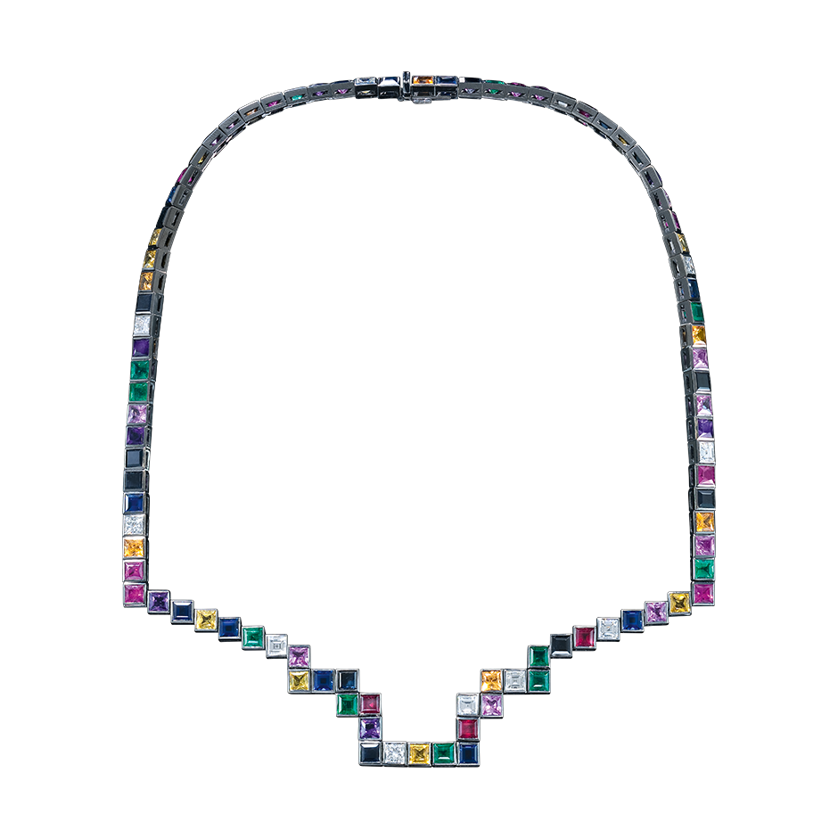 A random layout of square and princess cut Diamonds, coloured Sapphires, Rubies and Emeralds skinny necklace in blackened 18 karat white gold﻿ by Solange Azagury-Partridge