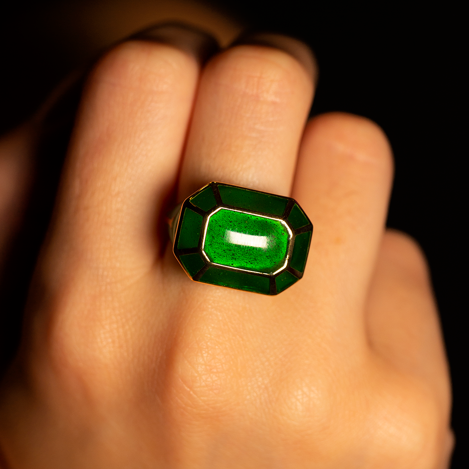 Real Fake Rectangular Green Enamel Ring